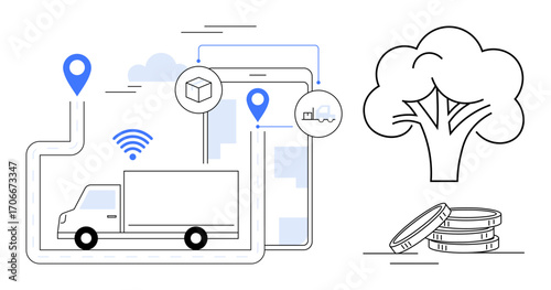Connected delivery truck with location pins, network communication, and eco tree symbol with coins. Ideal for sustainability, logistics, eco solutions, smart tech, transport innovation, green