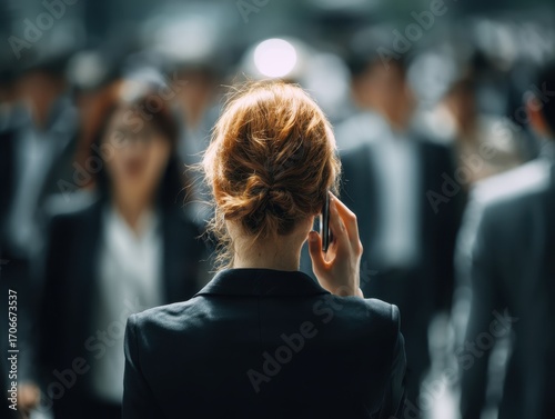 Urban Business: A focused professional navigates a crowded city street, engrossed in a phone call. the photo exudes a sense of purposeful stride. 