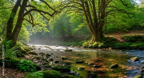 Serene Forest Riverbank Landscape.