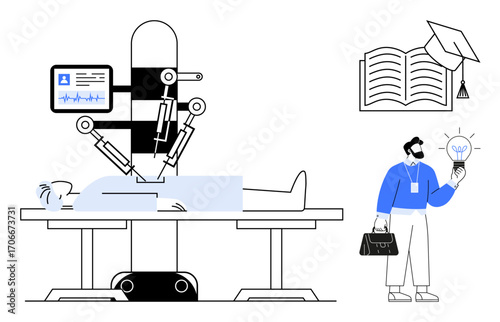 Robotic arms performing surgery on a patient, surgeon holding light bulb, graduation cap on open book. Ideal for healthcare, technology, innovation, AI, robotics, education medical advancement