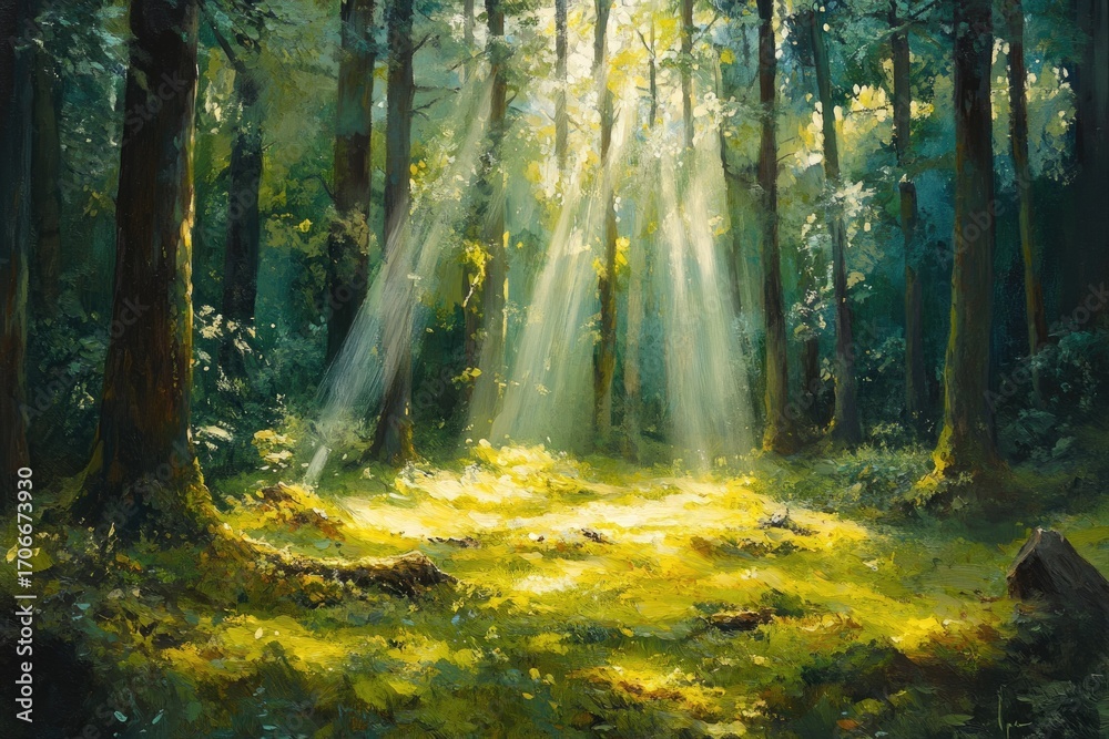 Fototapeta premium Sunbeams pierce a dense forest, illuminating a tranquil green clearing.
