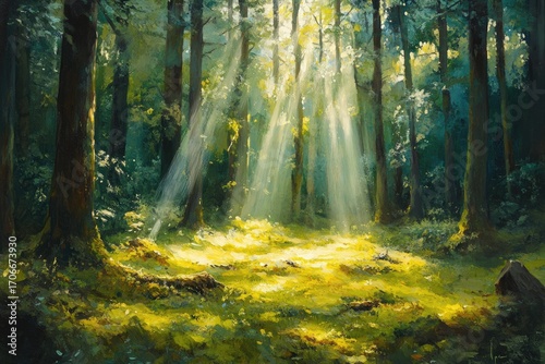 Sunbeams pierce a dense forest, illuminating a tranquil green clearing.