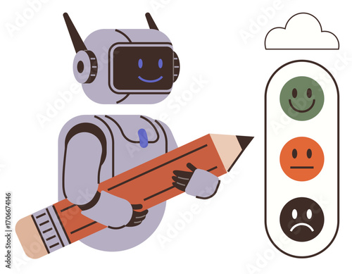 Robot holding large pencil beside feedback meter with happy, neutral, and sad faces ideal for AI design, user feedback, creativity, rating systems, technology, communication, simple flat metaphor