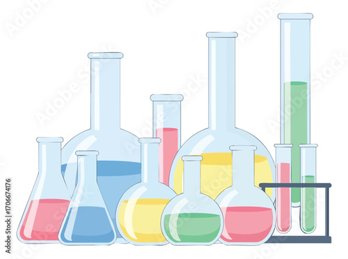 A collection of glass flasks and test tubes filled with colorful liquids