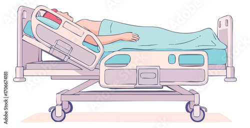 A patient lies in a hospital bed the headrest raised covered by a light blue blanket
