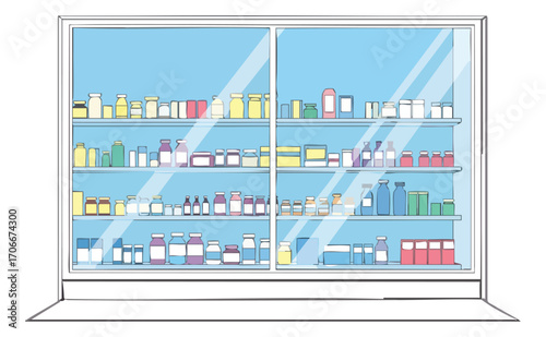 A shelved display filled with various bottles jars and containers behind glass doors