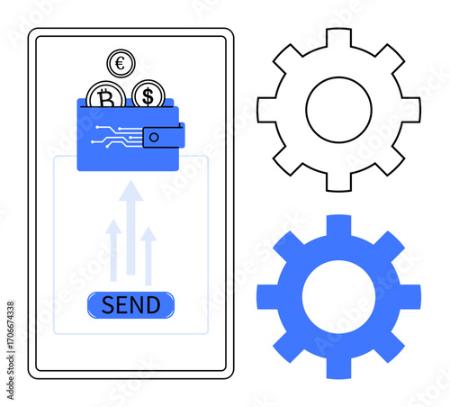 Digital wallet on mobile screen with currency coins and send button, accompanied by blue and white gears. Ideal for fintech, e-commerce, blockchain, innovation, payment systems, apps, automation