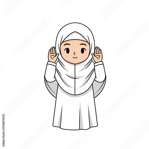 Cute cartoon of a young Muslim girl in a white hijab raising her hands in prayer or supplication