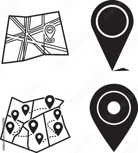 Navigation and Location Map Icons Set with Pointers and Route Paths