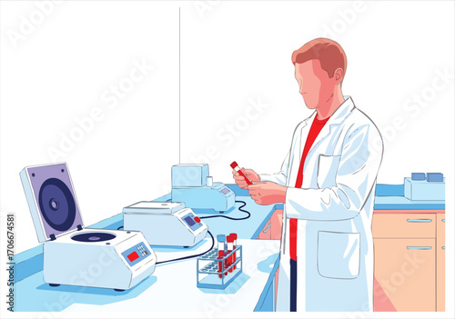 Lab scene faceless scientist in lab coat holds blood vials near centrifuge and other lab equipment on a white table