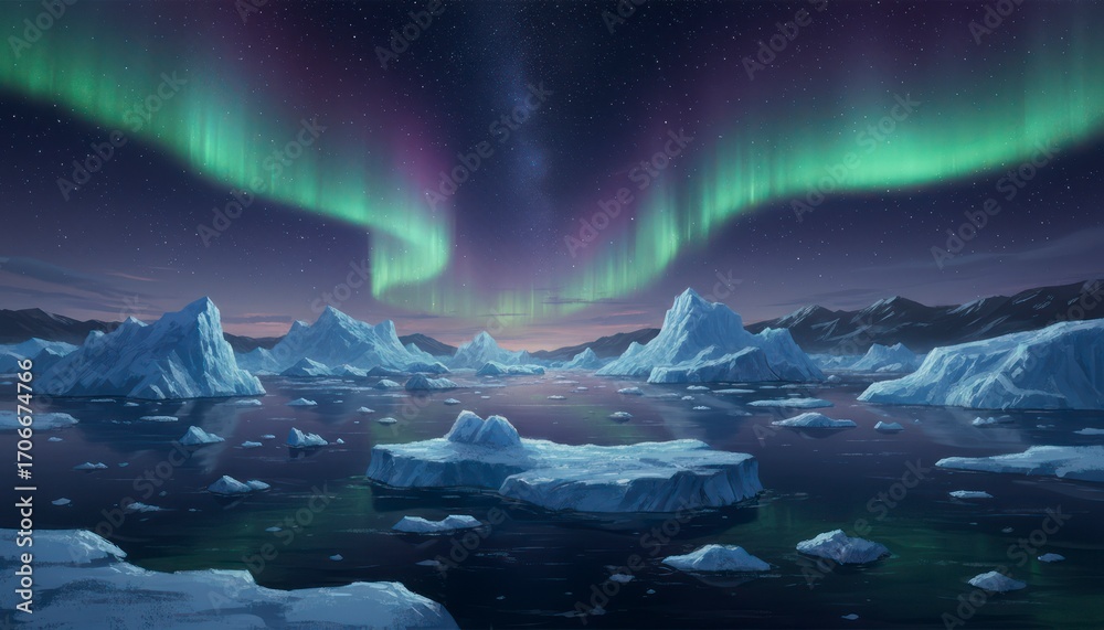 Naklejka premium Arctic Landscape with Aurora Borealis