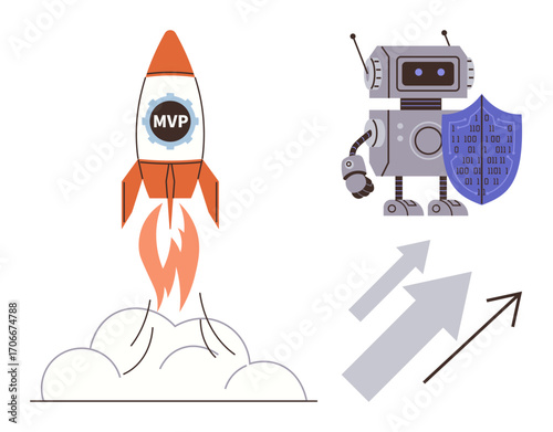 Rocket labeled MVP launching with smoke, robot holding shield, ascending arrows. Ideal for innovation, tech protection, entrepreneurship, success, strategy, startup growth simple flat metaphor