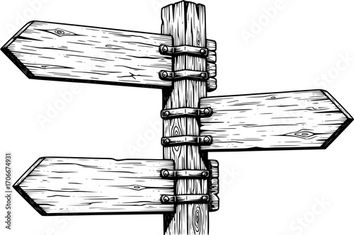Engraved illustration of a wooden signpost with three arrow-shaped signs pointing in different directions