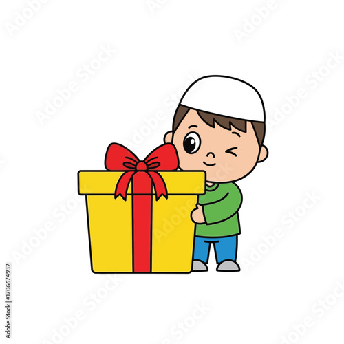 A cheerful Muslim boy in a taqiyah cap joyfully holding a large gift box. Cute cartoon illustration for an Islamic holiday celebration like Eid al-Fitr or Eid al-Adha
