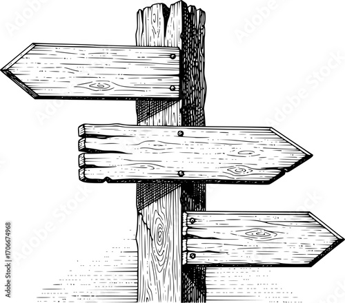 Engraved illustration of a wooden signpost with three arrow-shaped signs pointing in different directions