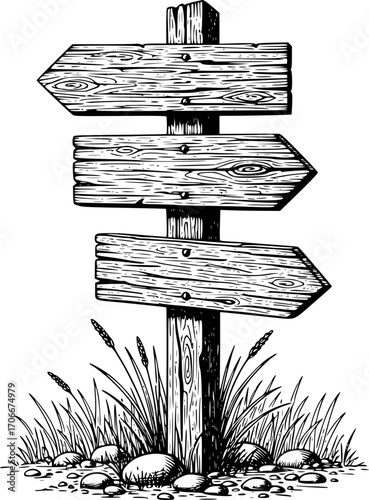 Engraved illustration of a wooden signpost with three arrow-shaped signs pointing in different directions