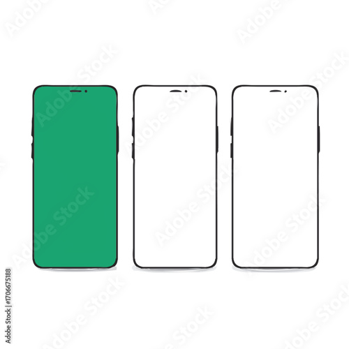 Three smartphones displayed side-by-side, with the first one featuring a vibrant green screen.