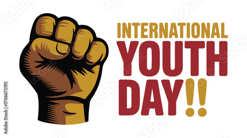A powerful graphic design illustration of a raised clenched fist symbolizing youth empowerment, solidarity, and celebration for a global observance