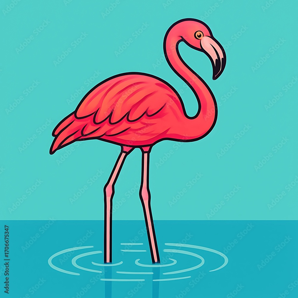 Fototapeta premium Vibrant illustration of a pink flamingo standing gracefully in shallow blue water with ripples