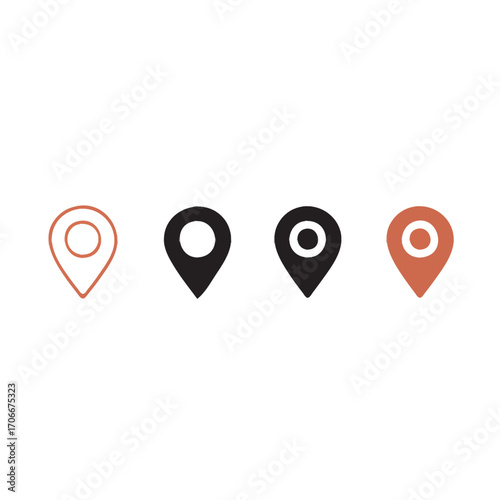 Four distinct map pin icons, each with a unique design and color, arranged horizontally on a white background.