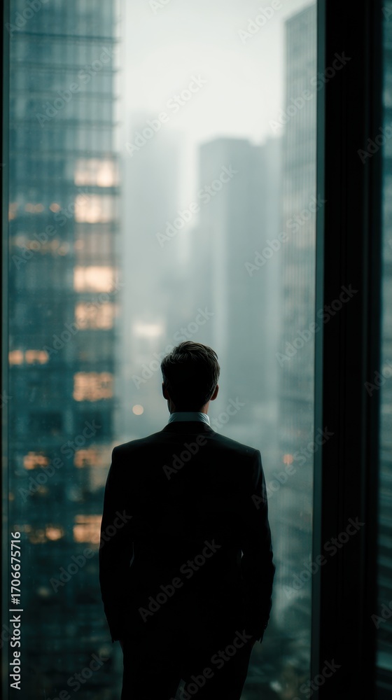 Fototapeta premium Contemplative Visionary Gazing Out: A silhouette of a suited individual gazes out a high-rise window, the cityscape reflecting the person's aspirations and their place in the world.
