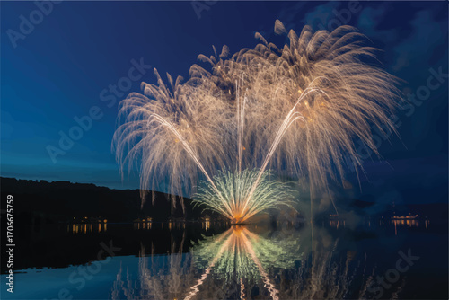 A stunning display of fireworks reflecting on tranquil water against a dark, evening sky creating a serene ambiance