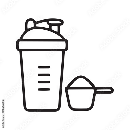 Protein Shake Icon, Shaker Bottle with Powder Scoop. Vector Symbol for Sports Nutrition and Fitness Supplements.