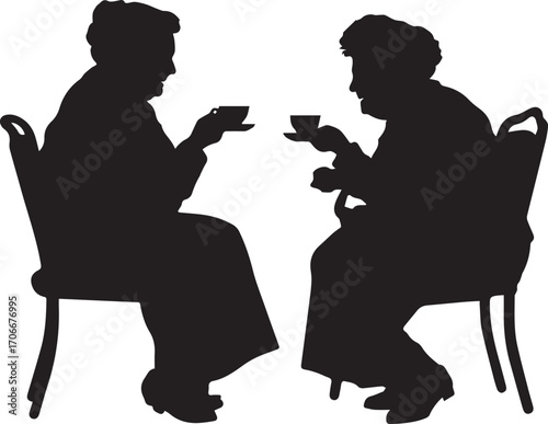 Two elderly women silhouette drinking tea together friendship and social gathering
