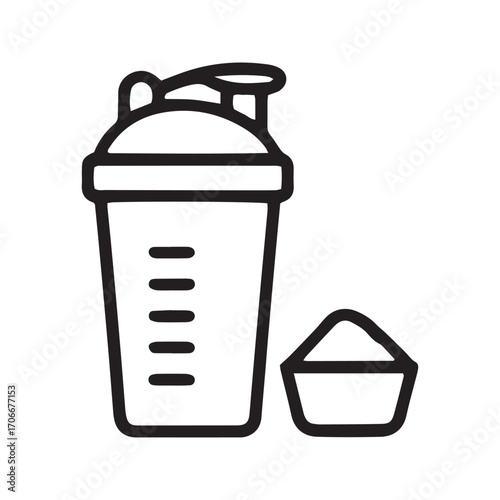 Protein Shake Icon, Shaker Bottle with Powder Scoop. Vector Symbol for Sports Nutrition and Fitness Supplements.