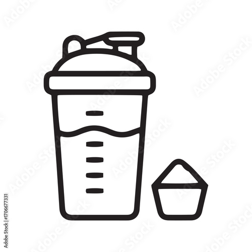 Protein Shake Icon, Shaker Bottle with Powder Scoop. Vector Symbol for Sports Nutrition and Fitness Supplements.