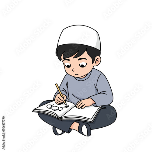 Creative Muslim boy wearing a kufi cap sits cross-legged while diligently drawing in a sketchbook, isolated cartoon vector illustration