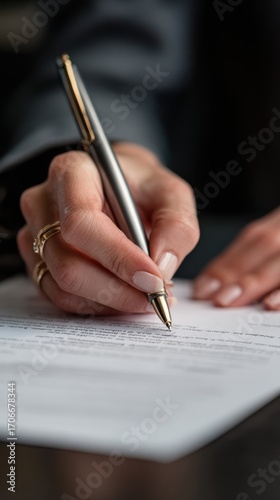 Signing the Agreement: A close-up shot of a hand confidently signing the dotted line of an official document, the silver pen gracefully gliding across the paper to finalize a deal.