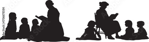 Reading to children silhouette vector illustration for educational resources use