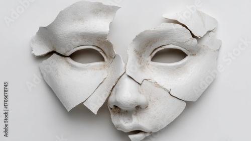 Shattered Identity: A broken mask lies in pieces, the delicate fragments of a past self. Revealing vulnerability, introspection, and the potential for rebirth.