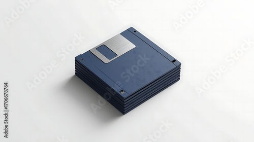 Stack of vintage floppy disks on plain white background, retro tech vibe