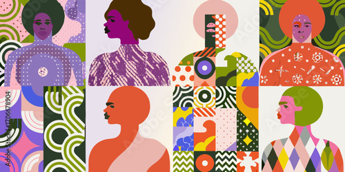 Vibrant abstract collage featuring diverse women with bold geometric patterns