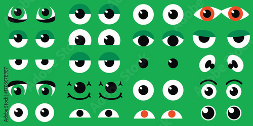Collection of cartoon eyes and faces with different expressions and styles on a green background