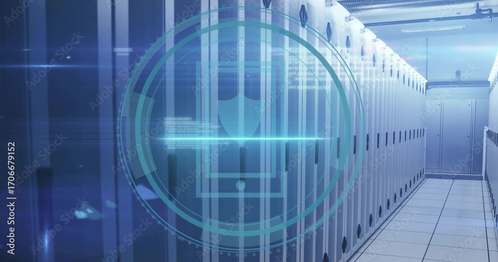 Obraz premium Projecting holographic shield symbol floating in cooling data center corridor, with server racks