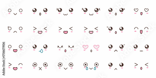 Collection of cute kawaii faces with various expressions and emotions for design elements