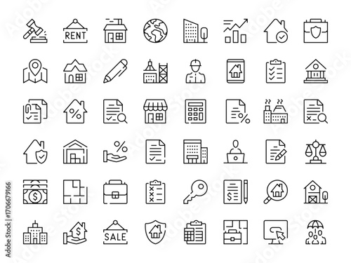 Real estate icon set. Vector line icons collection. Outline symbols. Modern design