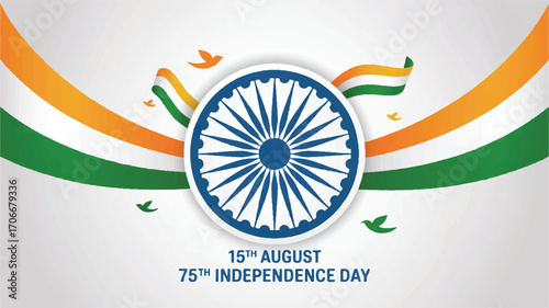 A vibrant digital illustration depicting India's patriotic national celebration, featuring flowing tricolor flag elements and the iconic Ashoka Chakra, symbolizing freedom and national pride