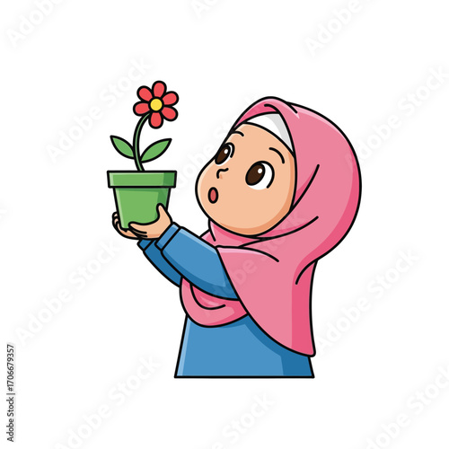 Cute illustration of a Muslim girl in a pink hijab looking with wonder at a blooming flower in a pot, representing growth and curiosity