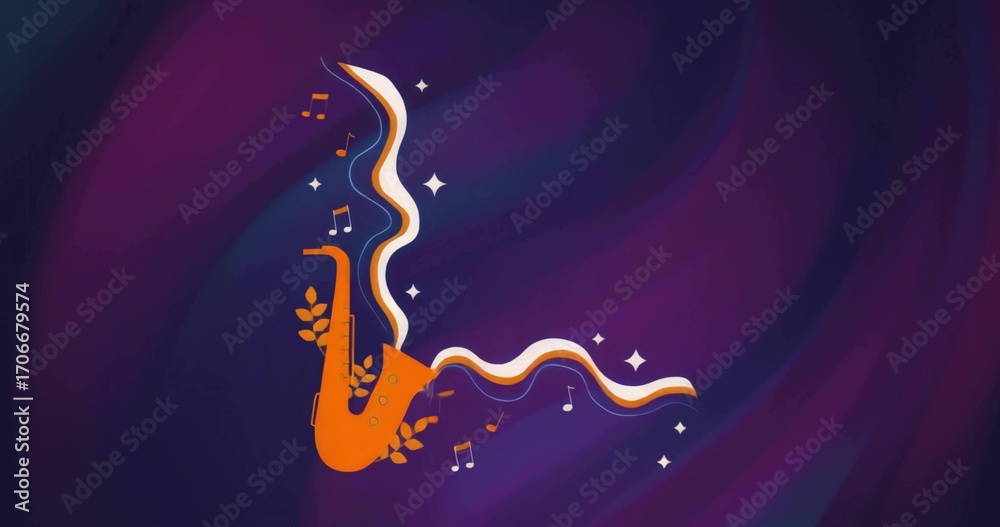Fototapeta premium Emitting wavy tricolor ribbon, leaves, sparkles and notes from orange saxophone in dark gradient
