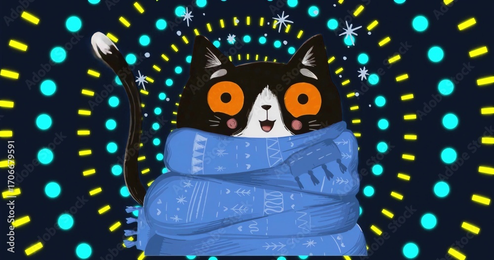 Obraz premium Peeking black and white cat wearing blue scarf in digital art, with radial dot dash background
