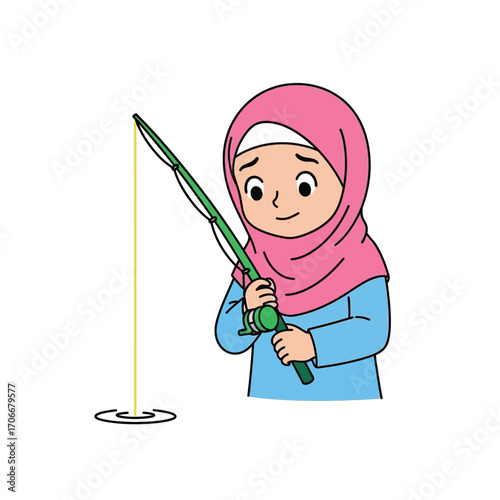 A charming cartoon illustration of a young Muslim girl wearing a pink hijab and enjoying the hobby of fishing with a rod