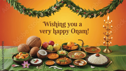 A vibrant Onam festival greeting card showcasing traditional South Indian feast, lights, and decorations for a festive celebration