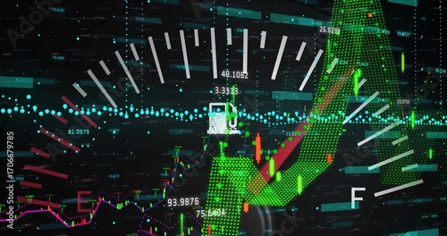 Displaying green upward arrow and gauge on digital dashboard with candlesticks and magenta graph