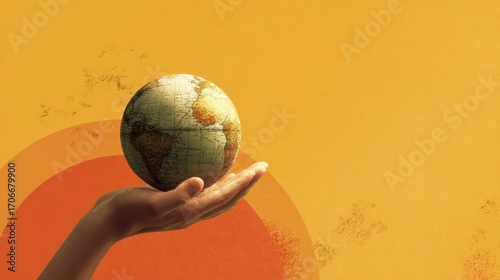 Globe in Hand: This image embodies the essence of environmental stewardship, showcasing a hand delicately cradling the globe against a gradient of sunset orange. A call to action