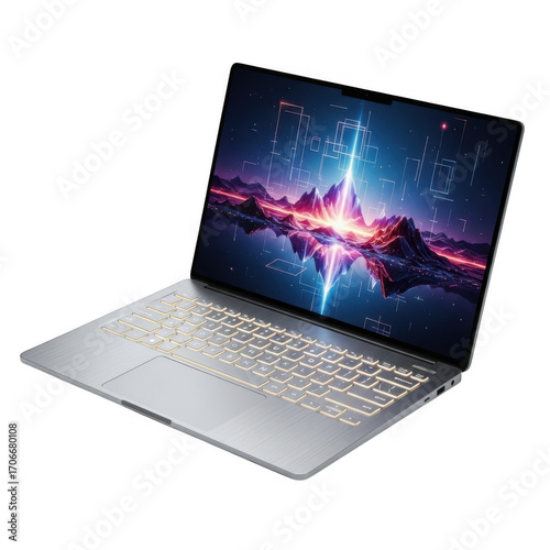 Sleek silver laptop displaying a vibrant futuristic digital landscape scene transparent background