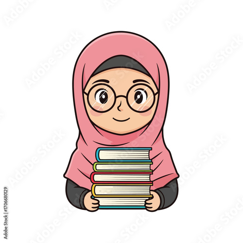Illustration of a happy young Muslim student wearing glasses and a hijab, carrying a stack of books for school or the library